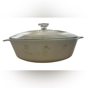 Glasbake vintage Round Casserole Dish #438-Milk Glass-Green Daisy-with